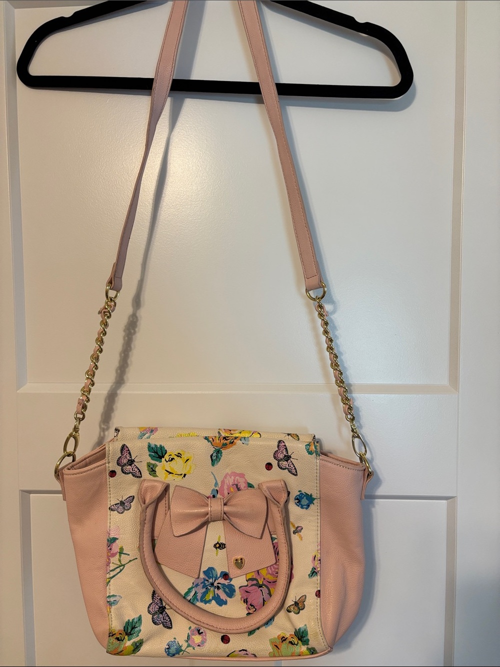 Betsey Johnson Pink Floral Bow Satchel with Gold Chain